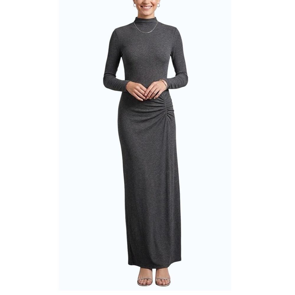 Mango Ruched Maxi Dress Gray Mock Neck Bodycon Women Size 6 NWT
